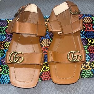 Gucci Tan Leather Sandals with Antique Gold Logo Accents